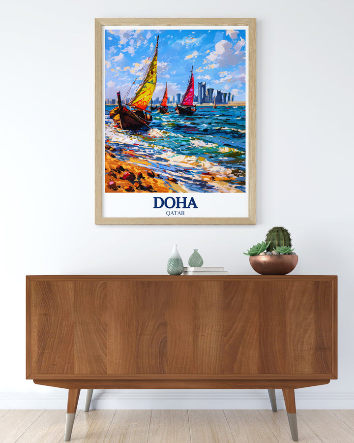 The peaceful ambiance of Doha Corniche is brought to life in this canvas art, highlighting the harmony between modern architecture and natural beauty along Qatars famous waterfront.