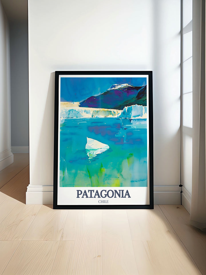 Patagonia Travel Poster featuring the towering Andean mountains and the crystal clear waters of Lago Argentino. This framed art captures the unique beauty of Patagonias landscapes, offering a perfect way to bring the majesty of South America into your home.