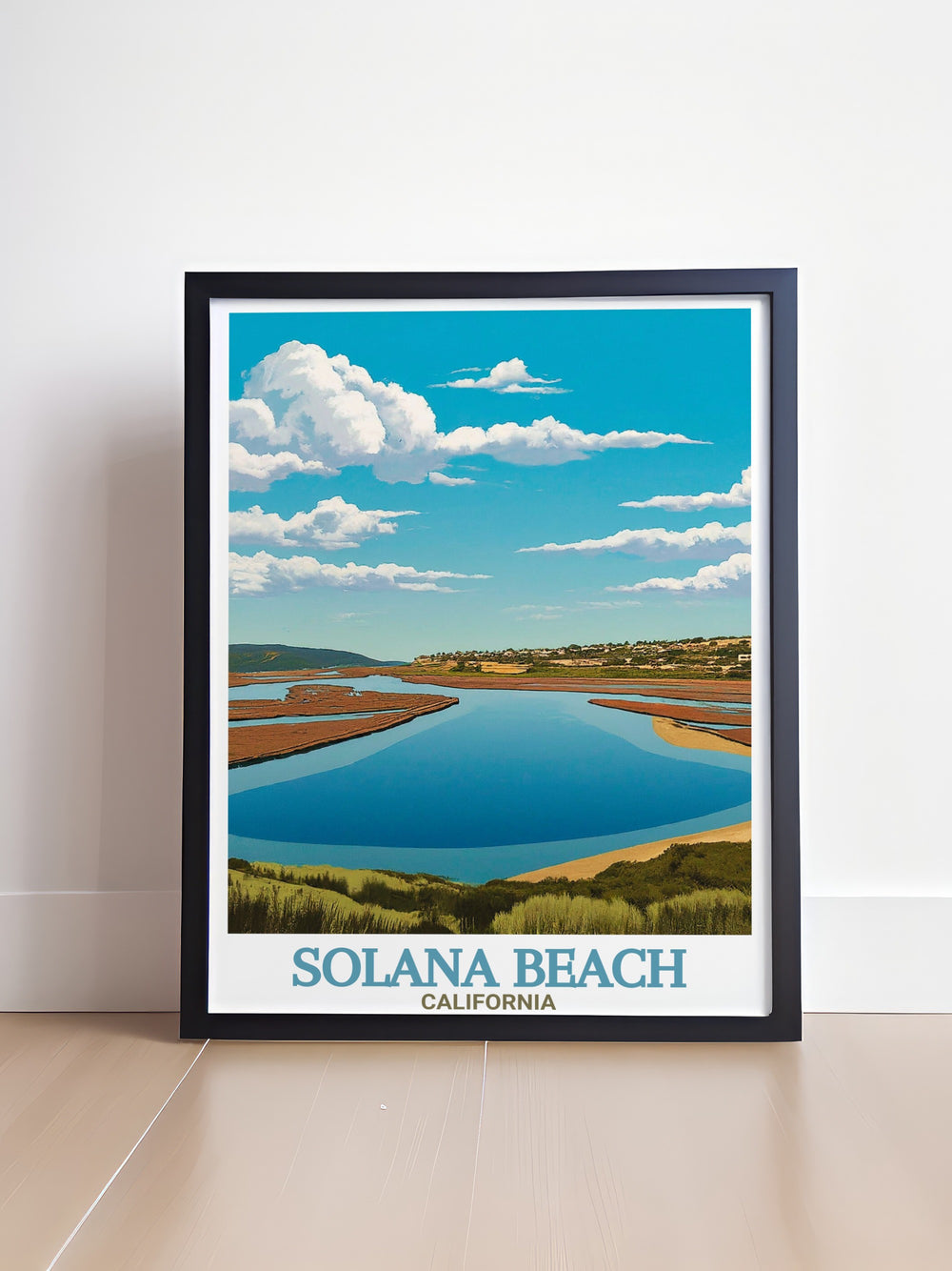 Solana Beach and the San Elijo Lagoon are showcased in this stunning art print, bringing the natural beauty of Californias coast into your living space. This coastal wall decor is perfect for those looking to add a calming beach aesthetic to their home.