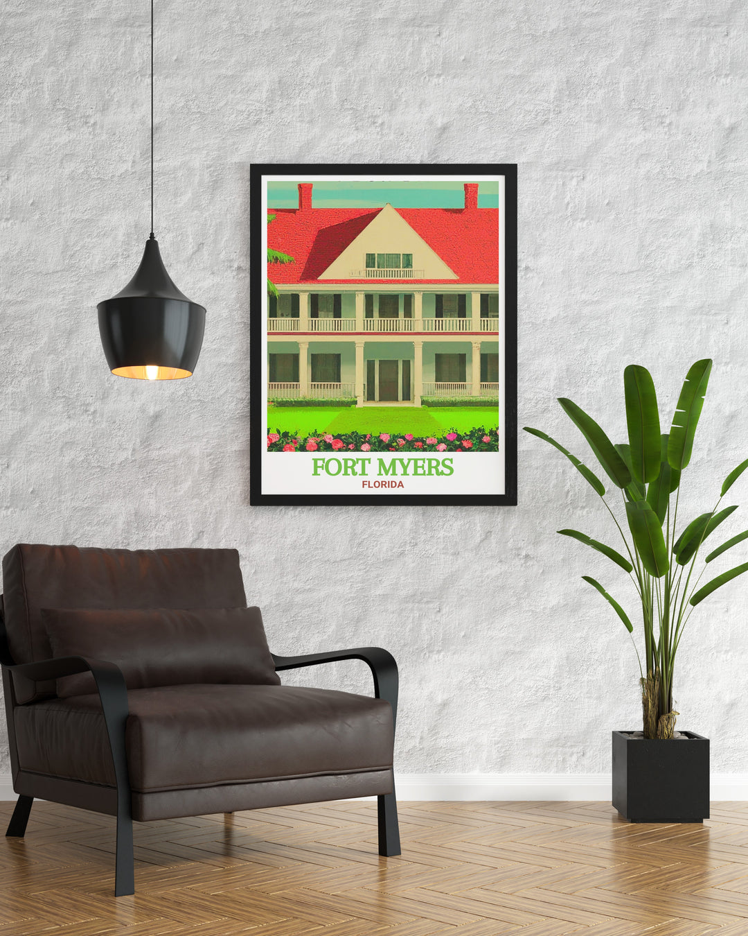 Travel poster of Edison & Ford Winter Estates in Fort Myers showcasing the lush gardens and historical buildings. This Florida scenic art captures the beauty of the estates, making it a perfect addition to home decor for history enthusiasts and art lovers.