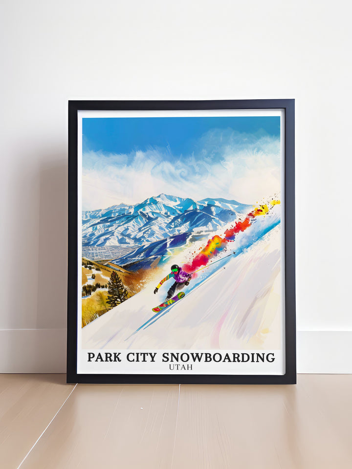 Snowboarding at Park City Mountain Resort. Showcasing the stunning beauty and dynamic action of the Wasatch Range, these posters are ideal for adding a touch of adventure to your wall decor.