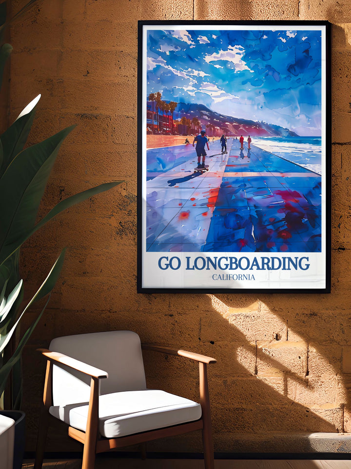 Celebrate Venice Beachs dynamic skating culture with this Skating Print. Longboarders cruising along the boardwalk and Muscle Beach create an exciting, adventurous feel thats perfect for any home.