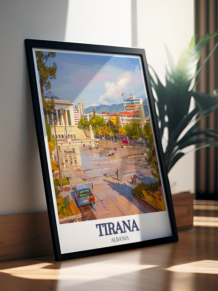 Elegant Albania Art Print with Skanderbeg Square, Dajti Mountain a perfect personalized gift for anniversaries birthdays and Christmas combining rich cultural heritage with modern aesthetics to create a unique and meaningful artwork for any occasion