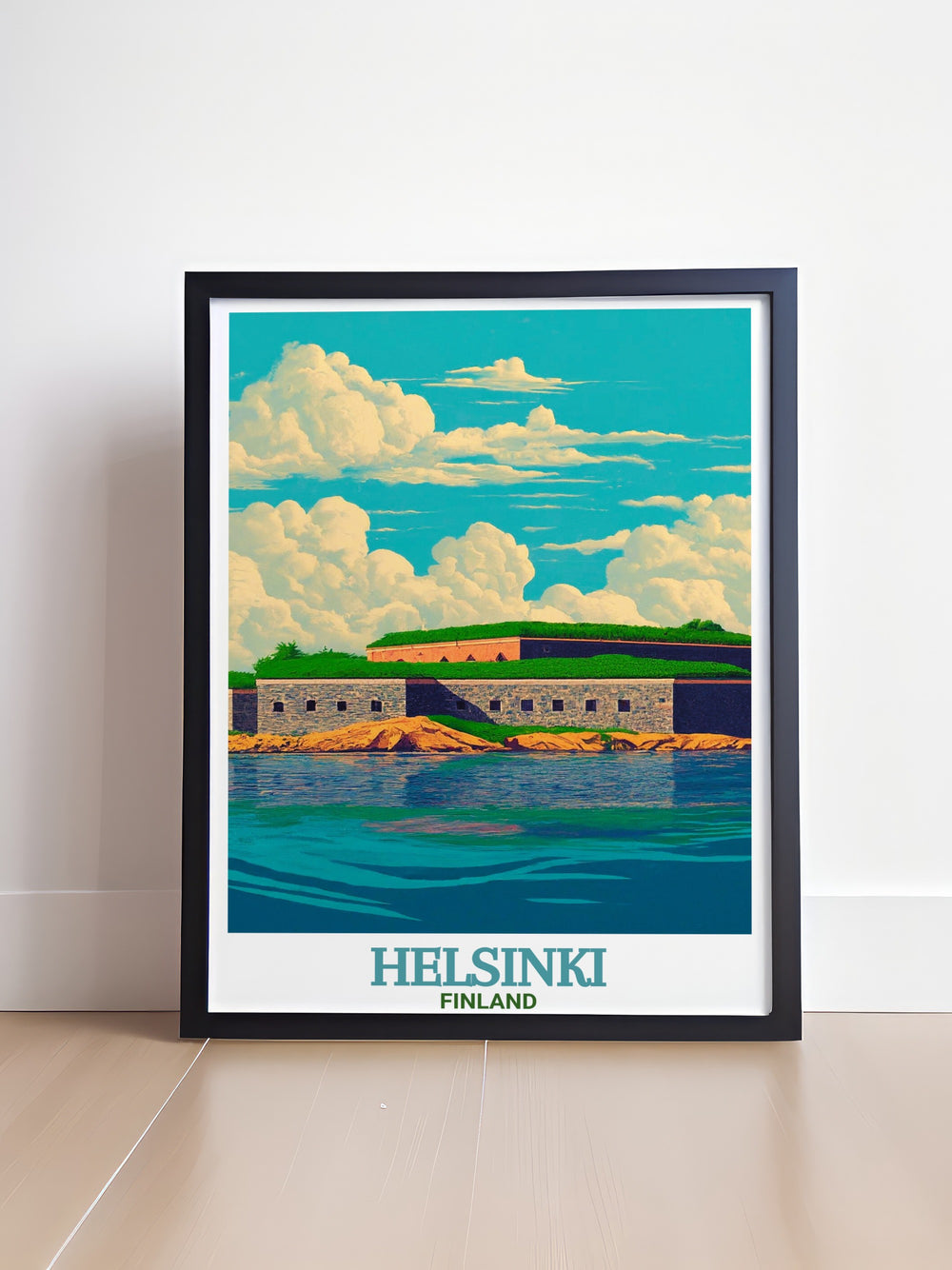 This Helsinki poster print captures the historic beauty of Suomenlinna Fortress, offering a stunning view of the famous sea fortress and its surroundings. Ideal for lovers of Finnish history and architecture, this travel print is a perfect addition to any room.