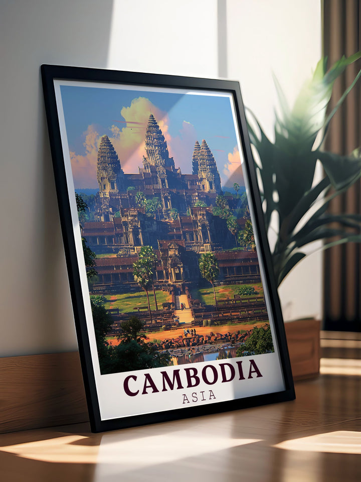 Exquisite Angkor Wat vintage print capturing the essence of Cambodias iconic temple in a sophisticated black and white design ideal for home decor.