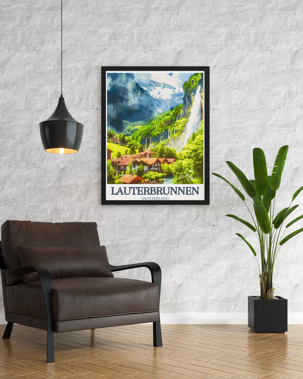 Stunning Lauterbrunnen art with Staubbach Falls and Lauterbrunnen village ideal for Swiss travel print lovers looking to add Swiss waterfall art and elegant home decor inspired by Switzerlands natural beauty