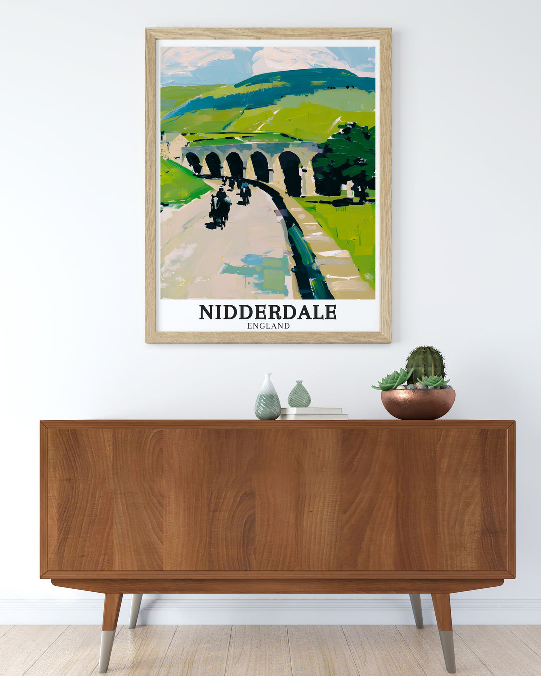 Nidderdale AONB travel print featuring the lush greenery and scenic views of the River Nidd. A great addition to your wall art collection, this poster celebrates the peaceful beauty of the British countryside.