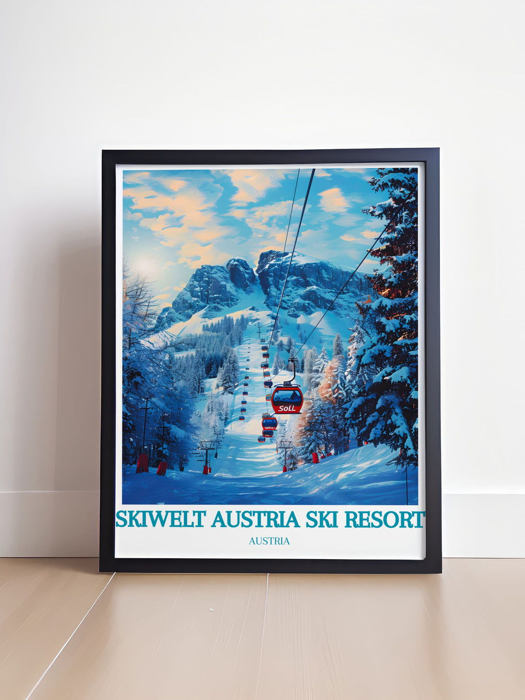 The Soll Modern Prints offer a sophisticated touch to your decor with the SkiWelt Austria Poster. The stunning imagery of the Austrian Alps combined with vintage aesthetics creates a warm and inviting atmosphere perfect for ski lovers and art enthusiasts alike.