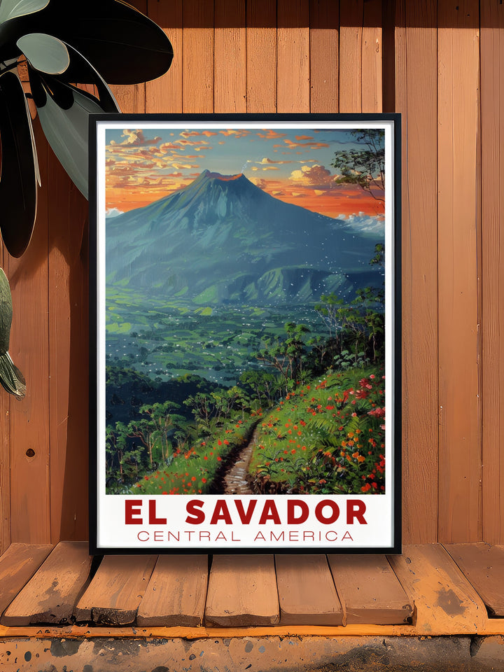 This El Salvador art print captures the beauty of the San Salvador Volcano and El Boquerón National Park, with its vibrant colors and detailed design. Perfect for lovers of Central American landscapes, this artwork brings the natural wonders of El Salvador into your home.