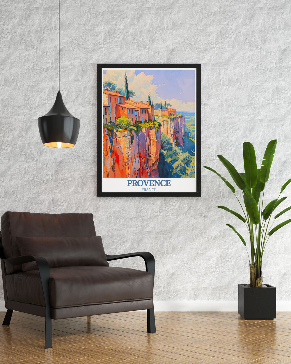 Enhance your space with our France Travel Poster featuring the picturesque Roussillon Ochre Village a perfect addition to any home living decor that brings the beauty of Provence right into your home.