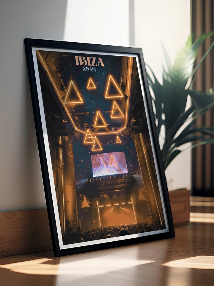 Dynamic Ibiza club poster with a focus on Amnesia NightClub and Ocean Beach Club perfect for dance music art lovers who want to add a touch of Ibiza travel to their home decor with vivid and lively designs