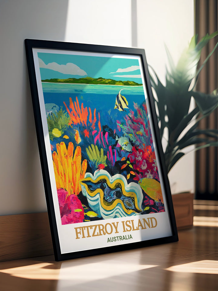 Fitzroy Island art print brings the serene beauty of Australias tropical island to life, showcasing its lush landscapes and the vibrant marine life of the Giant Clam Gardens. This travel poster is perfect for anyone who loves the outdoors and the ocean.