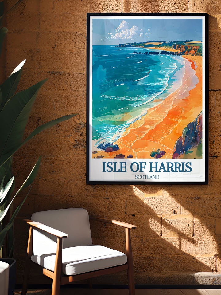 An exquisite Isle of Harris art print that celebrates the stunning scenery of Luskentyre Beach. The vibrant colors and intricate details make this artwork an ideal decor piece for those who love nature and coastal living.