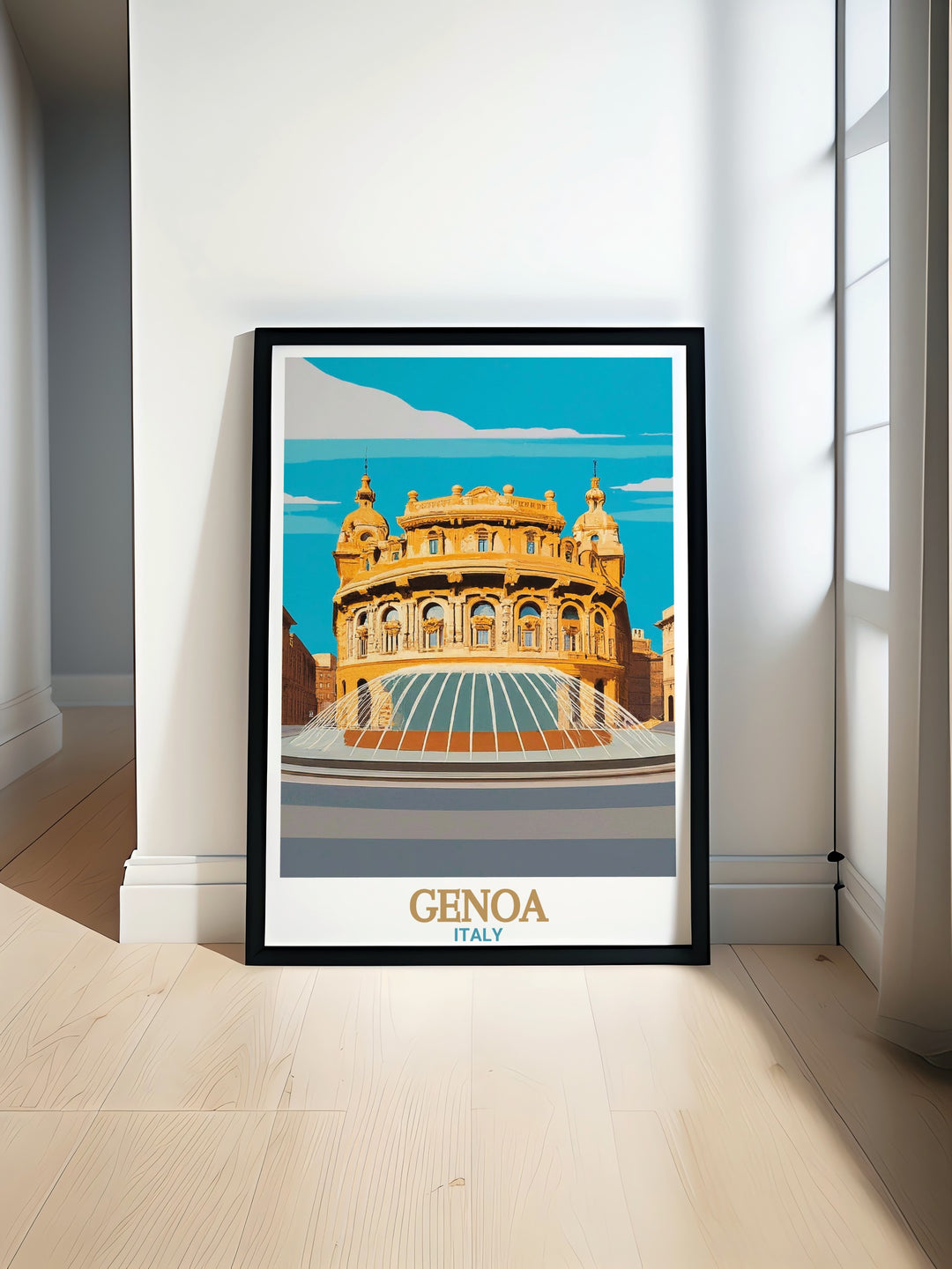 Celebrate the beauty of Genoas Piazza De Ferrari with this detailed wall art print. Perfect for Italy lovers and travelers, its a unique and timeless addition to any space, bringing the charm of Italy into your home.