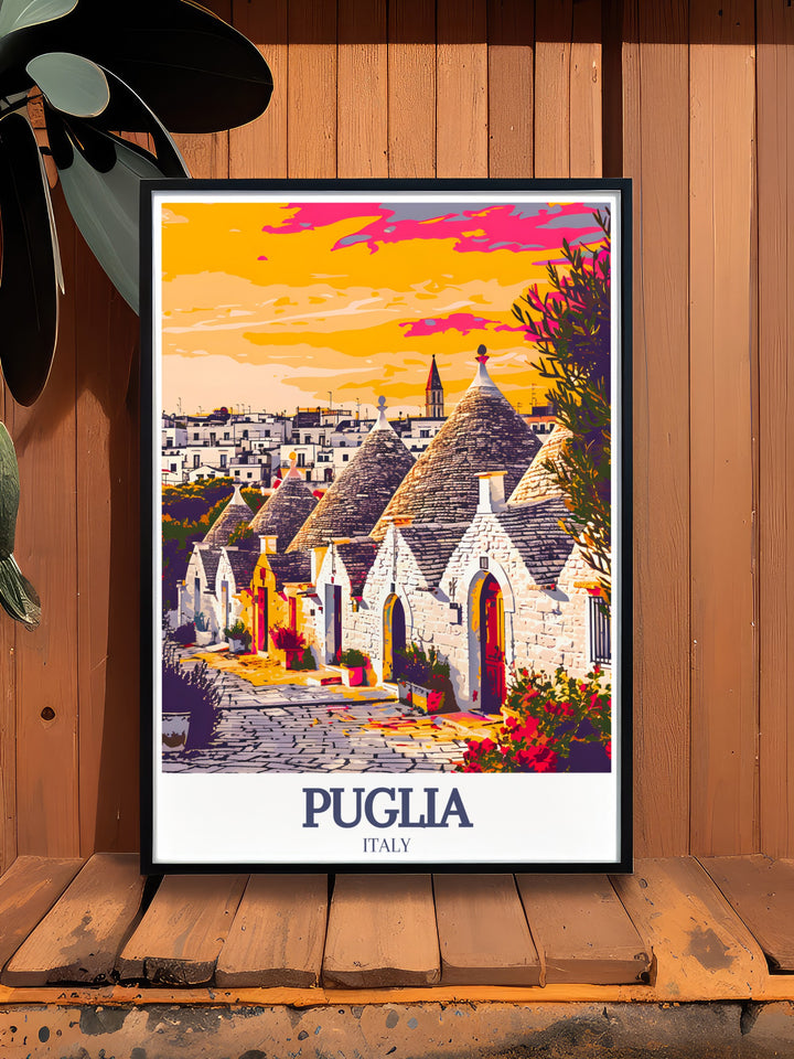 Our Alberobello Framed Prints featuring Trulli houses are ideal for adding elegance to your home decor. This Italy Wall Art highlights the unique architecture of Trulli houses in vibrant detail.