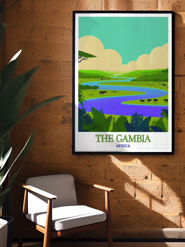 River Gambia National Park wall art from The Gambia. This fine art print showcases the parks lush greenery and diverse wildlife, making it a perfect piece for any nature lovers collection. The high quality print ensures lasting vibrancy and detail, celebrating the magic of The Gambia.