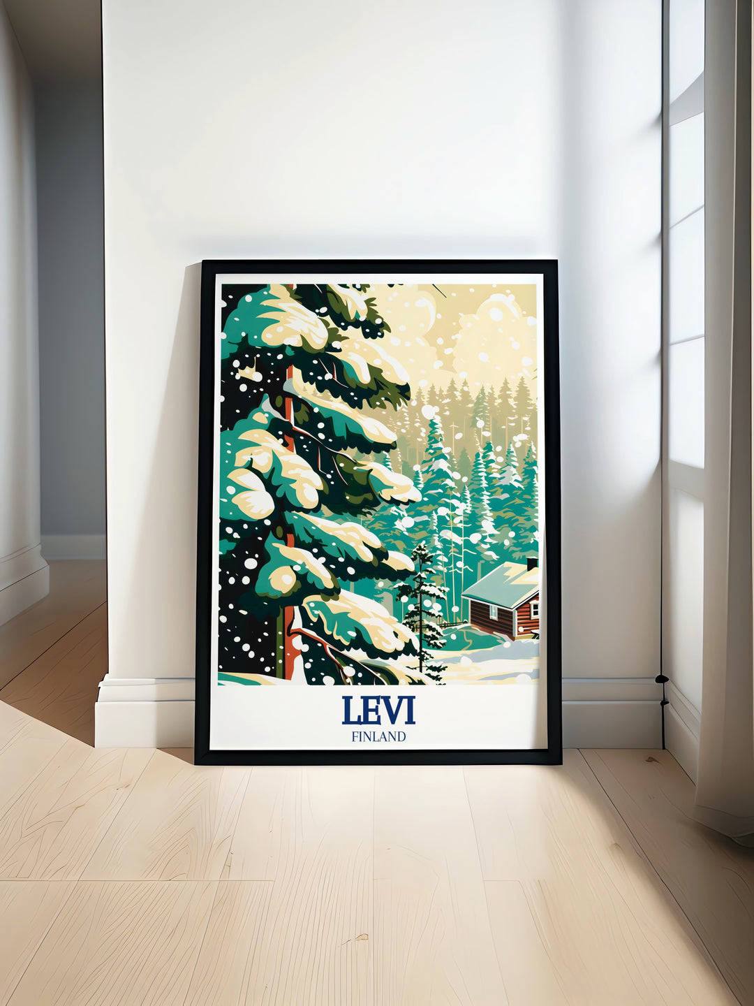 Scandinavian Ski Resort Print featuring the best of Levis winter scenery, from the bustling ski slopes to the tranquil Levi Snow Park. This print is a must have for those who love Nordic design and winter sports.