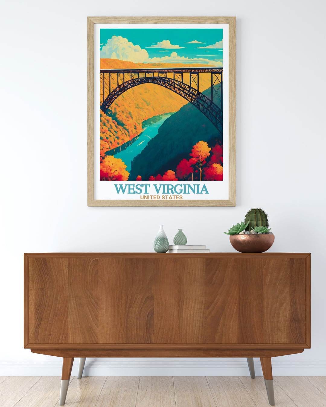 Beautiful vintage travel print of Snowshoe Ski Resort and New River Gorge Bridge in West Virginia offering breathtaking views of the Appalachian Range perfect for enhancing your living room or office space with this stunning combination of outdoor scenery.