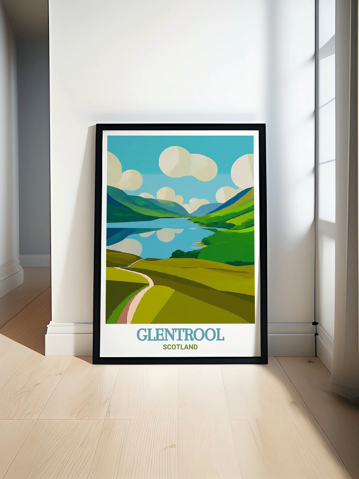 Experience the beauty of Loch Trool with this stunning Glentrool mountain bike trails poster perfect for cycling enthusiasts looking to add adventure to their home decor and showcase their passion for the great outdoors and MTB trail centres.