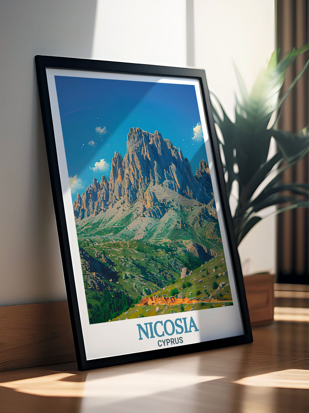 Celebrate Cyprus with this Nicosia travel print featuring the Pentadaktylos Mountains. Whether youre decorating your home or looking for a special gift, this framed art captures the beauty of both the city and nature, making it a perfect addition to any art collection.