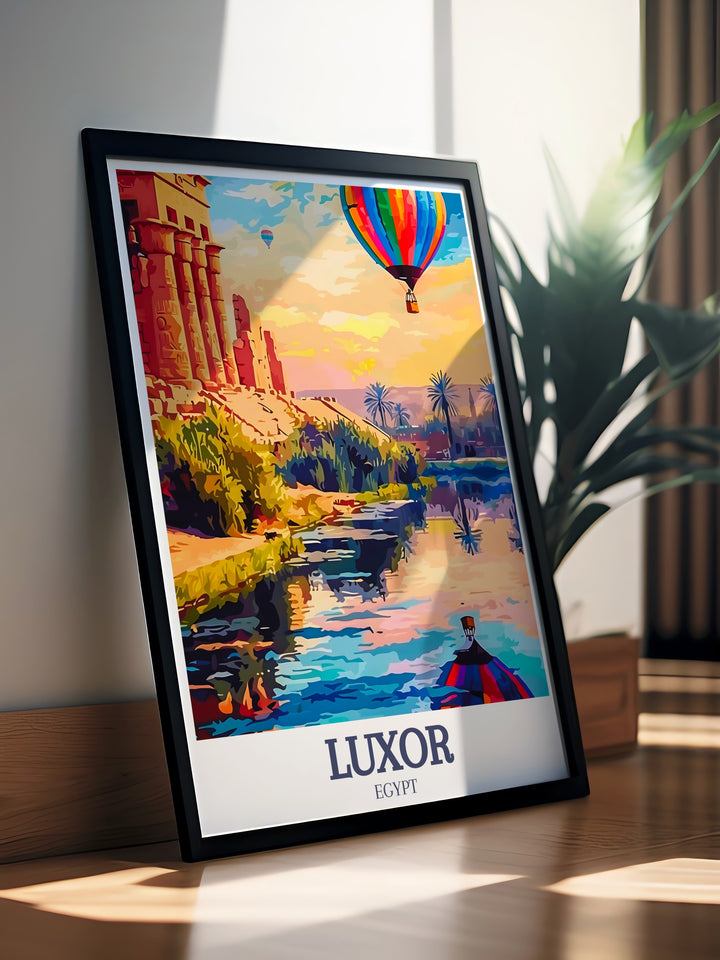 Luxor travel print showcasing the Luxor temple and Nile river a stunning piece of modern decor that brings the majesty of ancient Egypt into your home