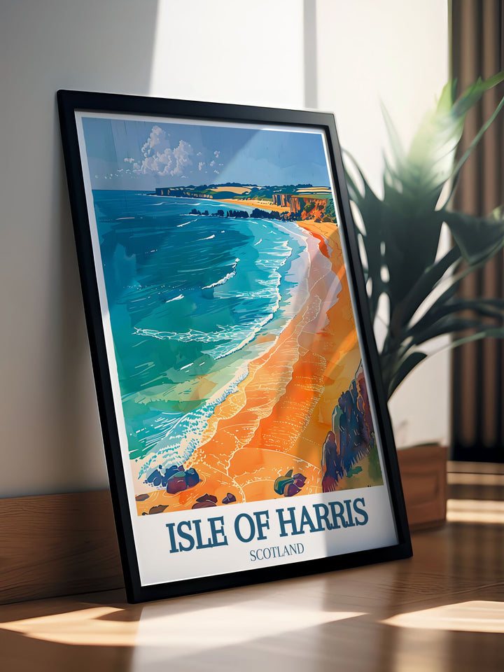 An enchanting Isle of Harris poster print that captures the serene beauty of the Outer Hebrides. This artwork features Luskentyre Beach, showcasing its stunning white sands and vibrant blue waters, perfect for anyone who cherishes Scotlands natural charm.