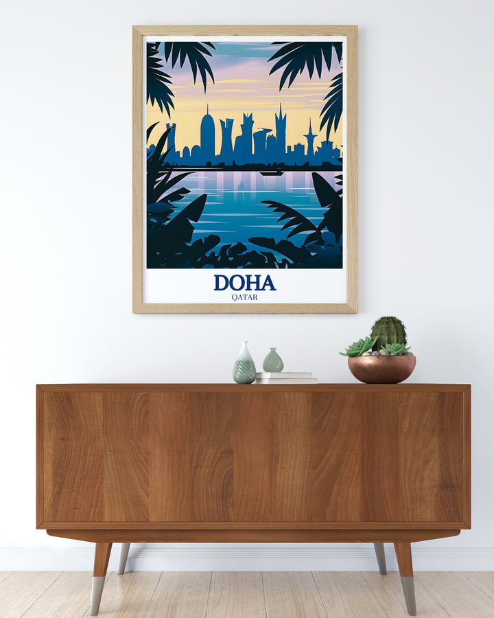 This framed art features a detailed view of Burj Doha, emphasizing its unique structure and modern elegance, perfect for enhancing any room with a touch of Qatari architecture.