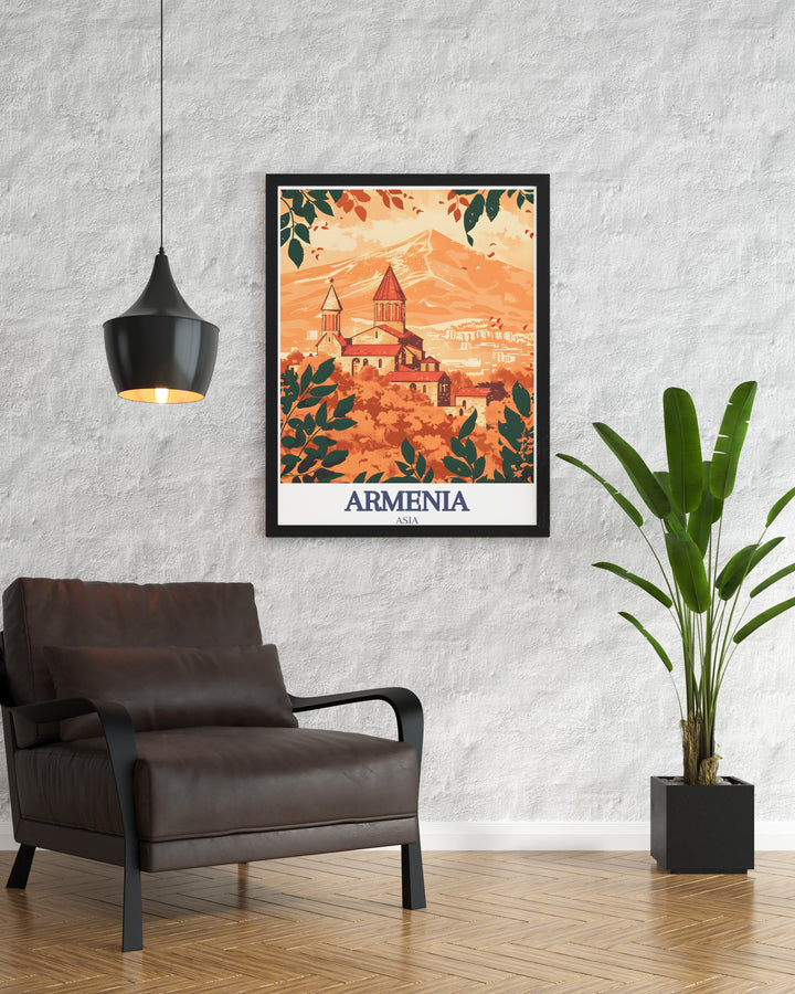 This Armenia travel poster captures the essence of Armenian history and culture, featuring Khor Virap Monastery and the Ararat Plain. Perfect for anyone looking to add a unique and culturally rich piece of wall art to their home or office.