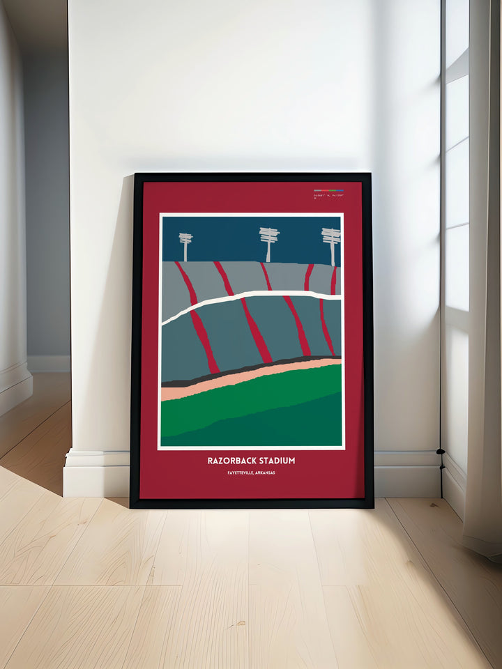 Experience the thrill of college football with this vibrant Razorbacks print featuring Razorback Stadium perfect for adding team spirit to your home or dorm room decor ideal for any Arkansas Razorbacks fan