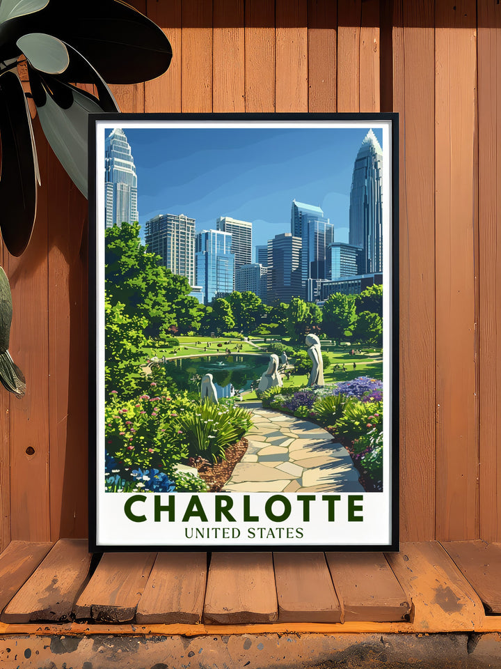 Celebrate Charlottes Romare Bearden Park with this wall poster, featuring the citys beautiful green space set against the towering Bank of America Corporate Center. The fine details and colorful design capture the spirit of Charlotte, making this travel print an ideal choice for anyone looking to add a modern touch to their decor.