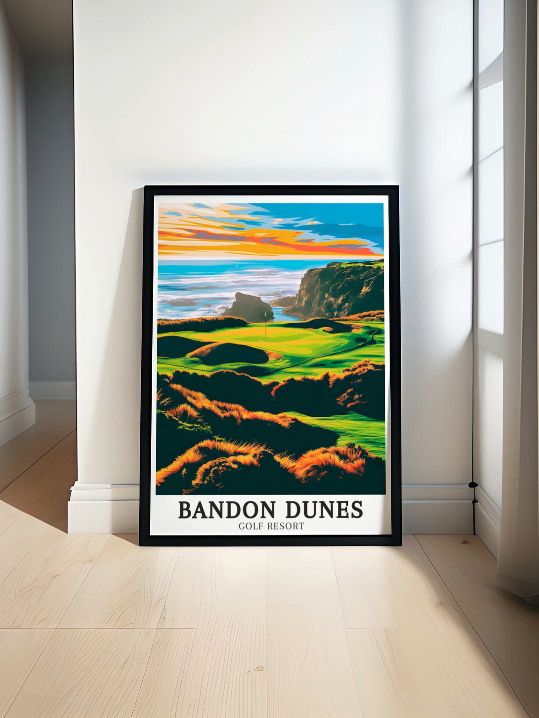 A golf resort travel poster depicting the scenic vistas and wide open fairways of Bandon Dunes Golf Resort. This colorful and dynamic art print brings the excitement of one of the worlds most beloved golf courses into your living space, a perfect piece for golfers and nature enthusiasts alike.