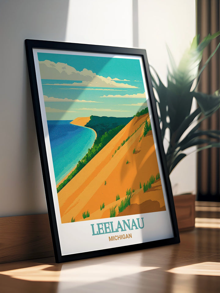 Leelanau Poster Print capturing the stunning beauty of Sleeping Bear Dunes National Lakeshore, featuring the iconic sand dunes and sweeping views of Lake Michigan. This artwork brings the natural grandeur of Michigans Leelanau Peninsula into your home, perfect for creating a serene and nature inspired decor.