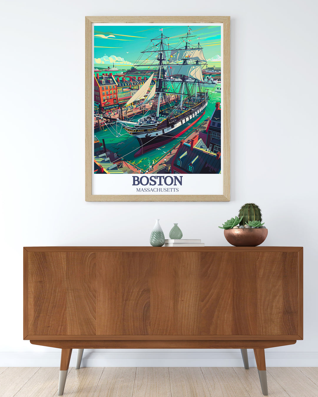 Boston Travel Poster highlights the USS Constitution sailing proudly in Boston Harbor. This artwork is ideal for history enthusiasts and city lovers alike, offering a dynamic and visually stunning representation of Bostons maritime history.