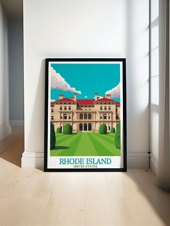 A beautifully detailed travel poster of The Breakers in Newport, Rhode Island, reflecting the grandeur of the Gilded Age. This print is perfect for adding a touch of elegance to your space and serves as a unique gift for fans of American history and architecture.