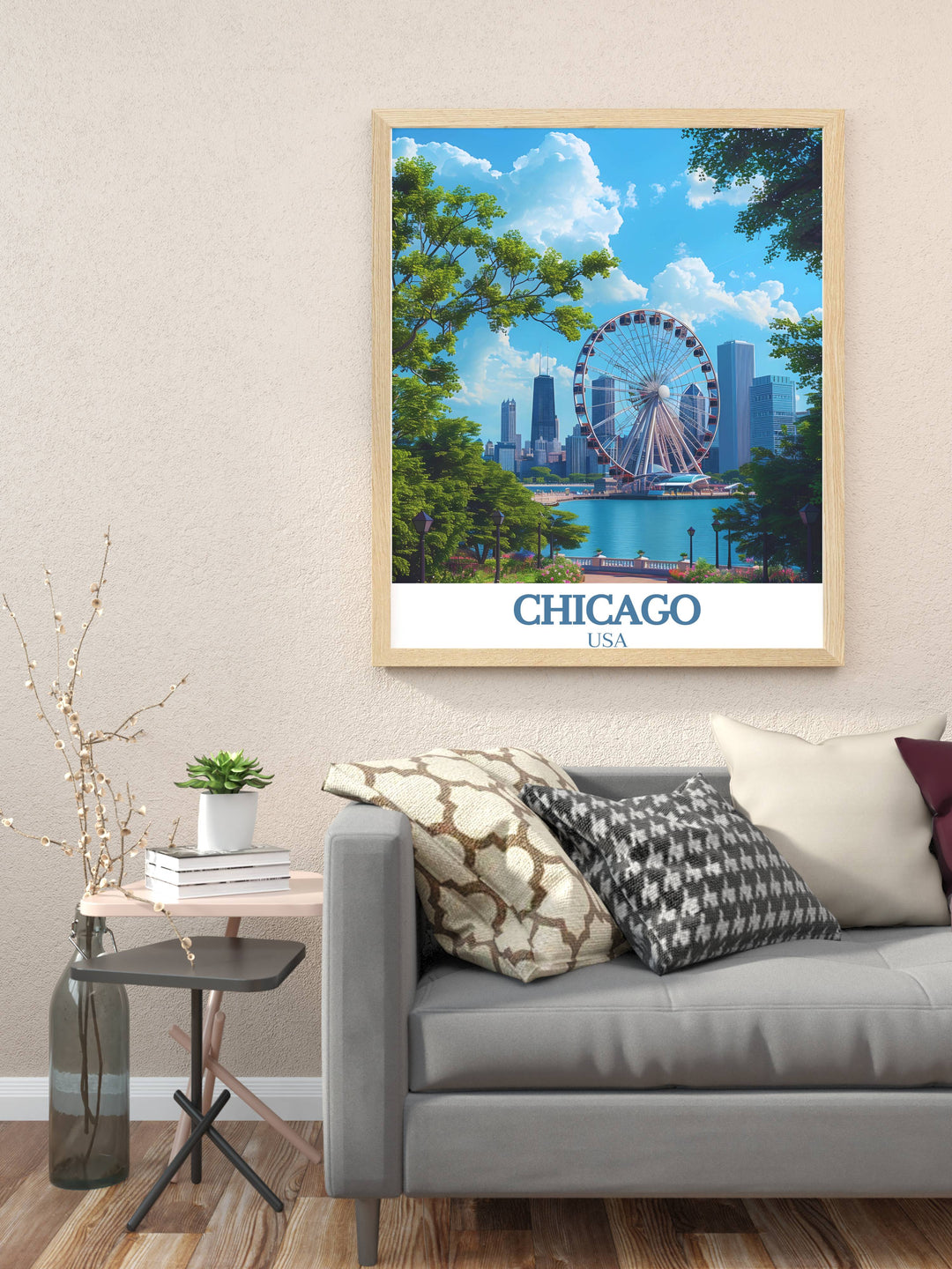 Chicago art print featuring the lively Navy Pier scene. This travel print is perfect for those who appreciate the charm of Chicagos landmarks. It is a great choice for decorating your home office or giving as a special gift to friends and family.