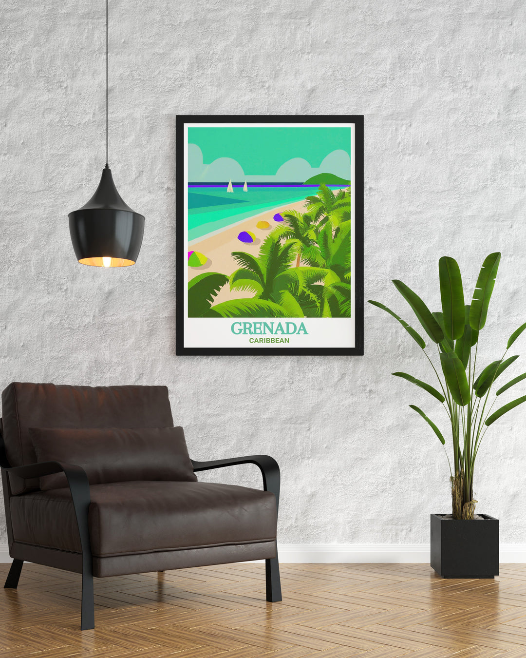 Grenada travel print featuring the beautiful Grand Anse Beach, capturing the white sandy beach and clear turquoise waters of this iconic destination. Perfect for home decor and as a unique gift for any occasion.