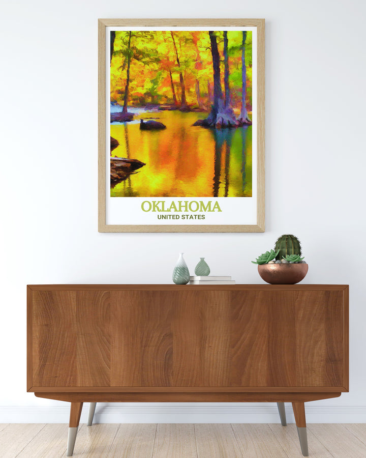 Oklahoma poster print showcasing the intricate details of the Oklahoma street map and the natural wonders of Beavers Bend State Park. Ideal for home decor or as a unique gift for those who love city life and the beauty of nature.