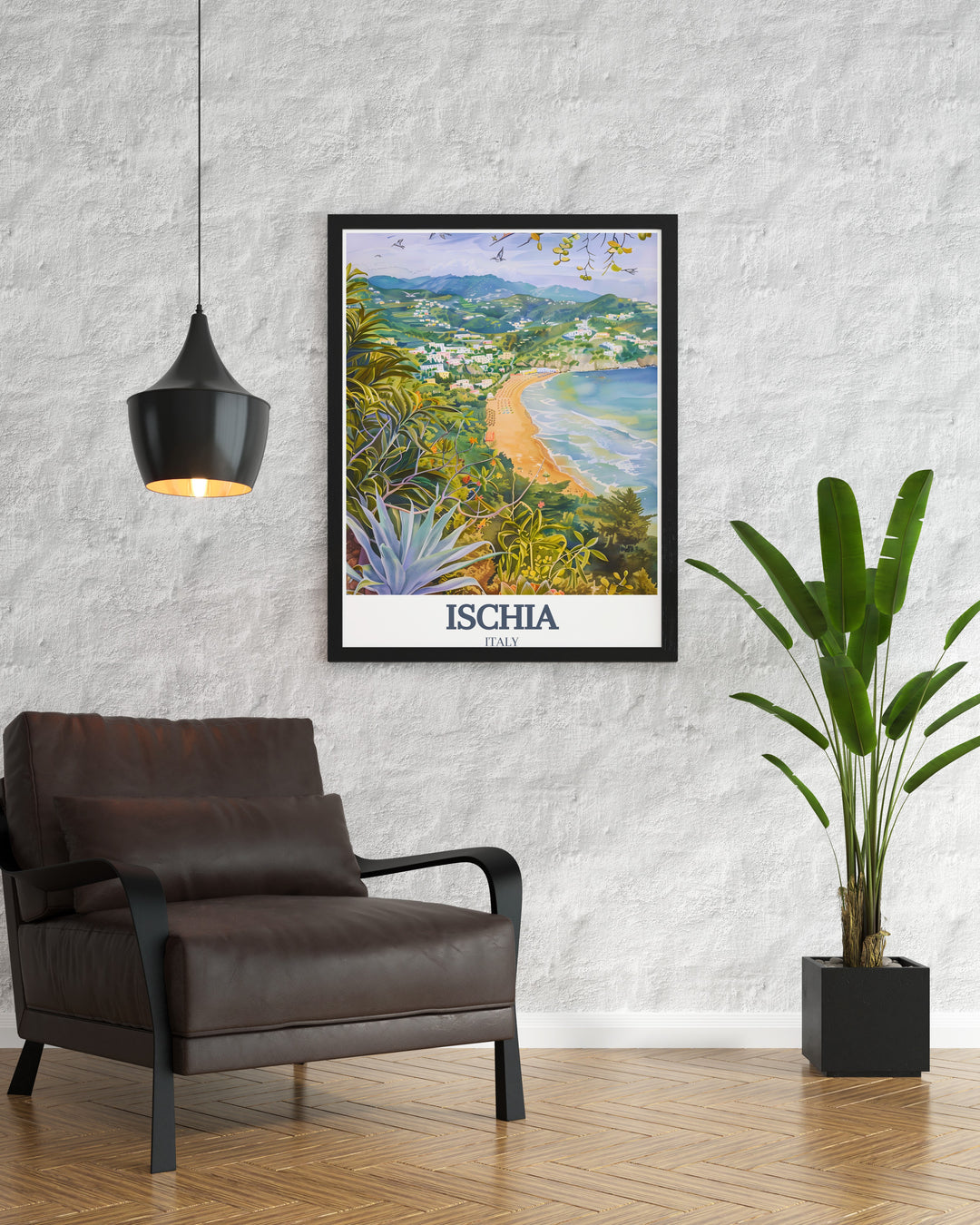 Ischia poster print highlighting the peaceful Ischias Gardens and the scenic Maronti Beach. Ideal for home décor or as a personalized gift, this travel print brings the magic of Ischia to your walls with its vibrant colors and detailed design.