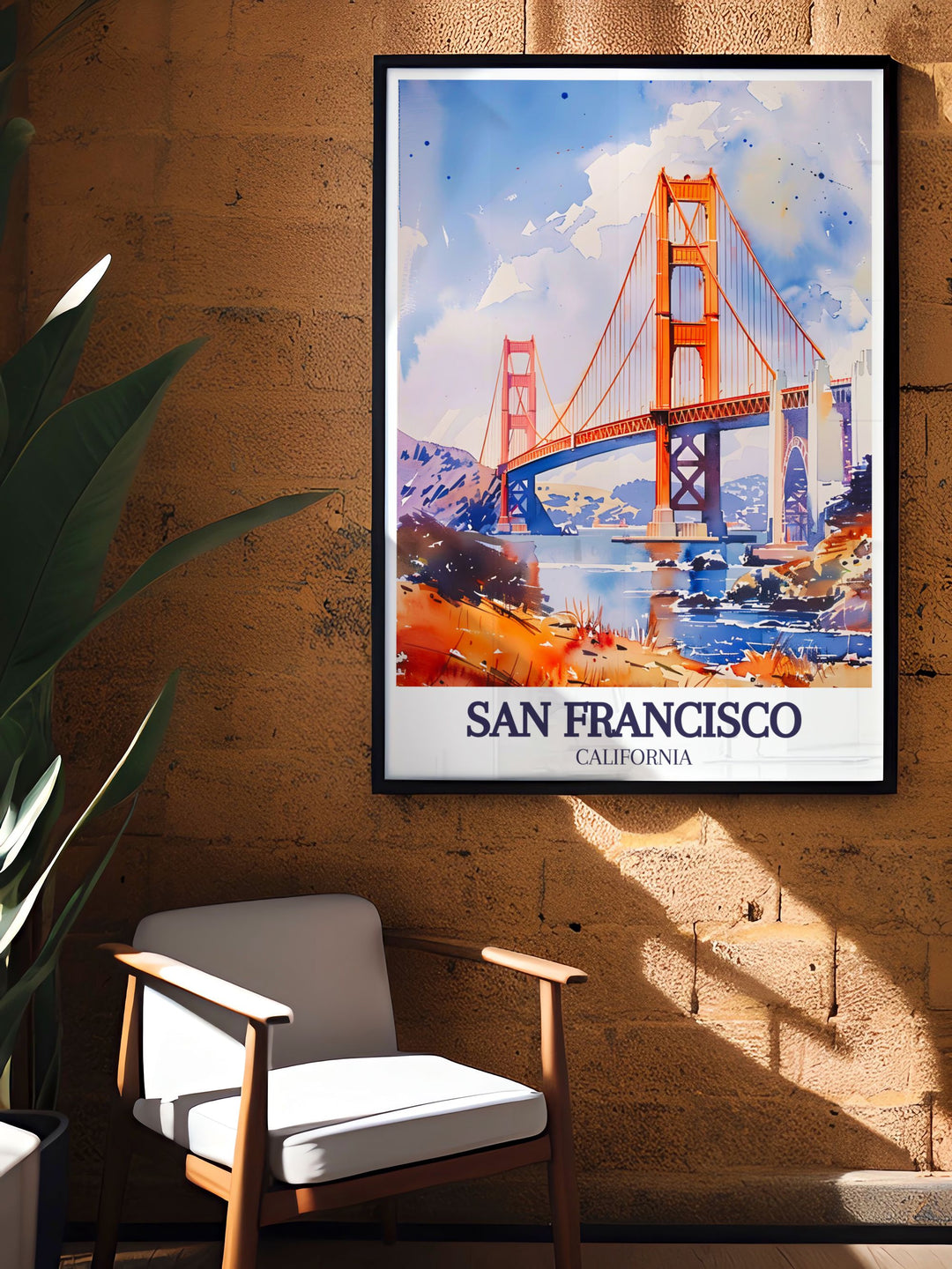 This vibrant Golden Gate Bridge poster print brings the beauty of San Francisco to your walls, capturing the iconic red bridge as it stretches across the sparkling San Francisco Bay with Alcatraz Island in the distance. The perfect art piece for California lovers.