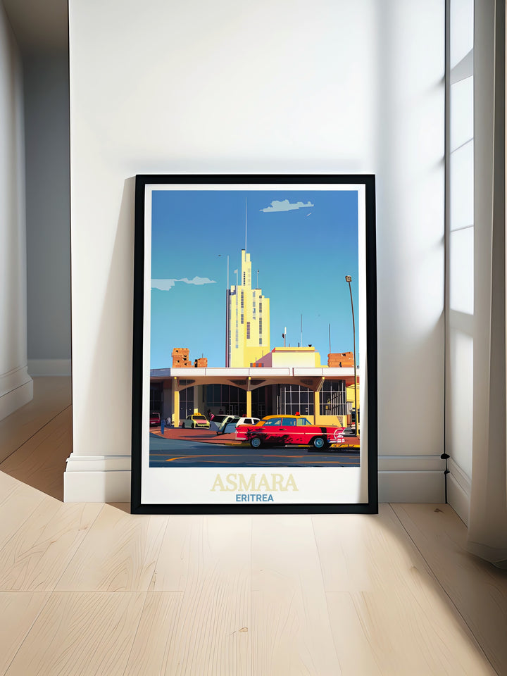 Vibrant Asmara skyline with Fiat Tagliero Building in the foreground, showcased in a colorful travel poster print ideal for home or office decor.