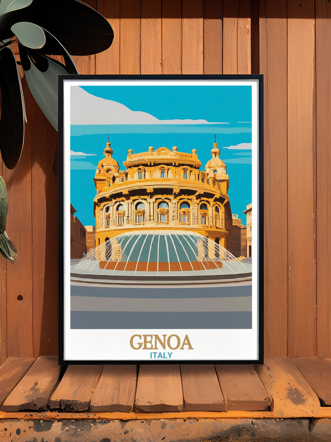 This vibrant travel poster of Piazza De Ferrari in Genoa captures the essence of Italys classic elegance. A perfect way to enhance your living space, this artwork makes an excellent gift for travelers and lovers of Italian culture.