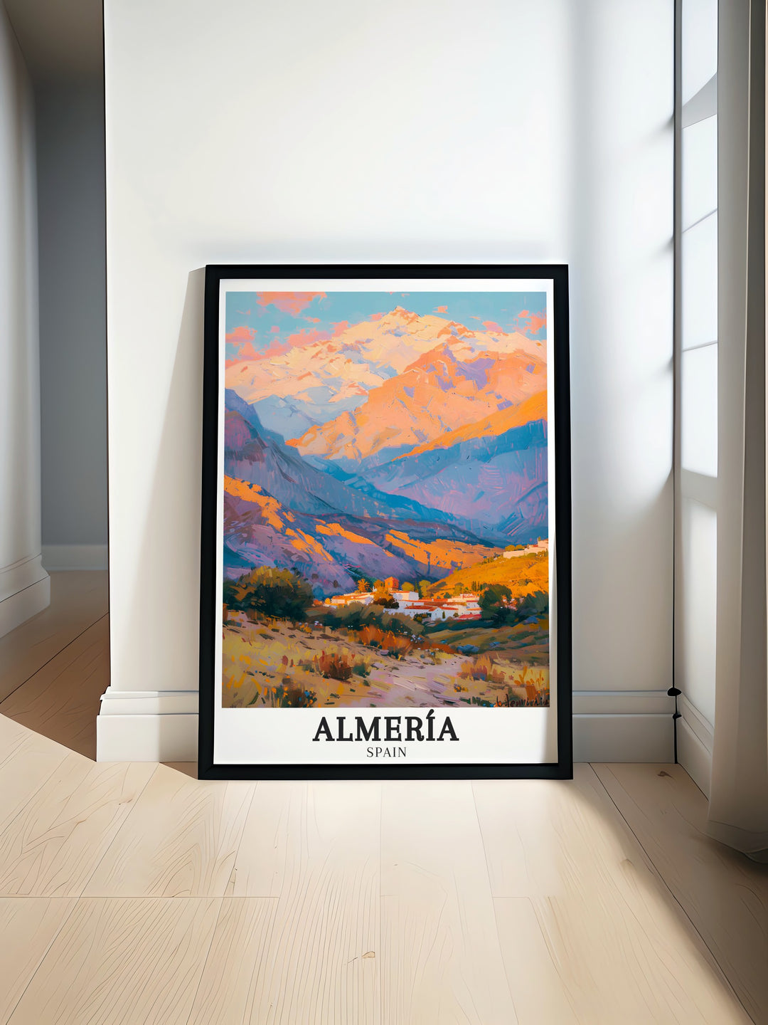 Almería wall poster featuring the rugged beauty of the Tabernas Desert and the towering Sierra Nevada Mountains. This detailed artwork brings the spirit of Spains landscapes into any space.