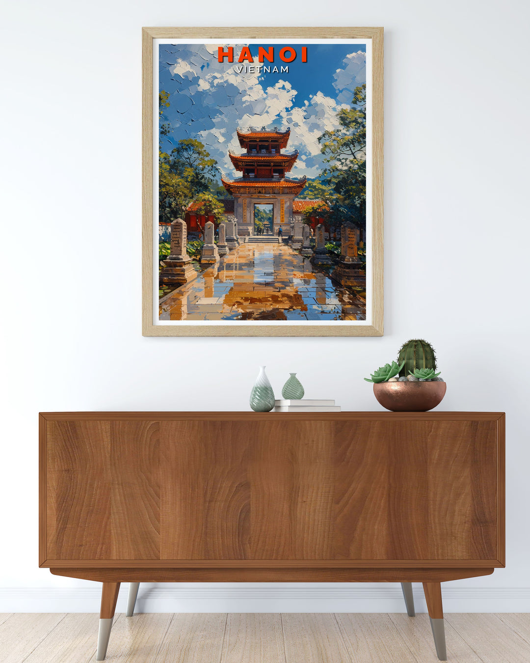 Highlighting the rich cultural heritage and serene surroundings of Hanois Temple of Literature, this travel poster is a beautiful addition to any room.