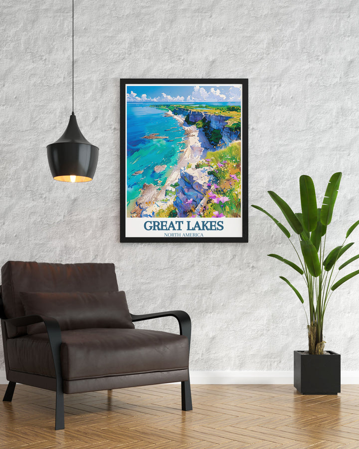 This Great Lakes Poster Print captures the serene beauty of Lake Erie and Kelleys Island, offering a detailed map perfect for travel enthusiasts. The artwork highlights the tranquil waters and surrounding landscapes, making it ideal for homes and offices.