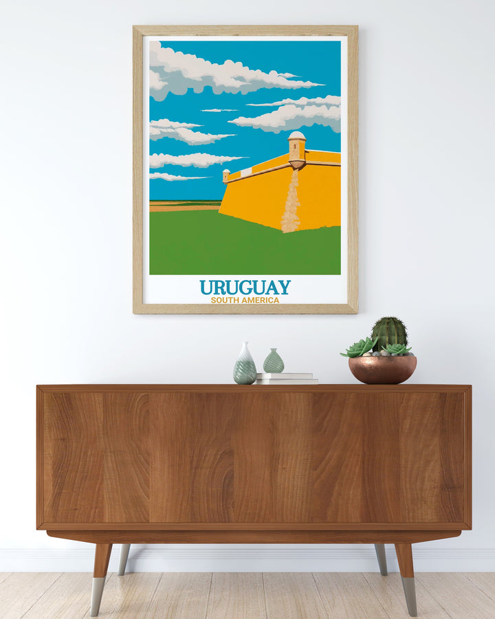 Retro Uruguay wall art featuring Montevideo and Fortress of Santa Teresa perfect for adding a nostalgic touch to your home decor with vintage aesthetics and summer vibes capturing the spirit of exploration and adventure.