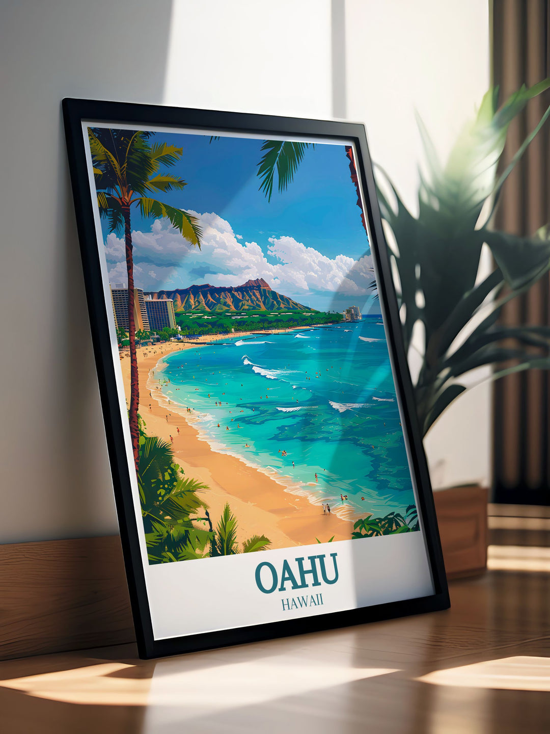 Oahu poster showcasing Waikiki Beach and Diamond Head Crater offers a stunning view of these iconic Hawaiian landmarks ideal for adding a tropical touch to your space.