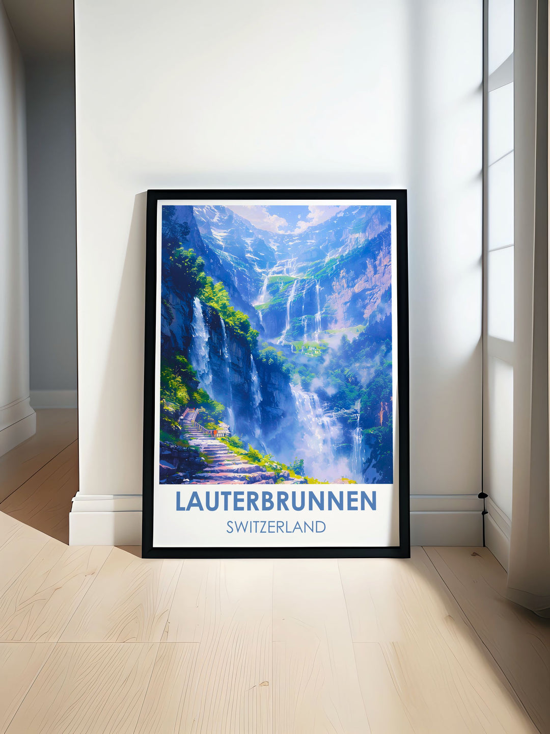 Trummelbach Falls Modern Print showcasing the majestic Swiss waterfall cascading through the Alps ideal for adding elegance to any room and enhancing home decor with natural beauty