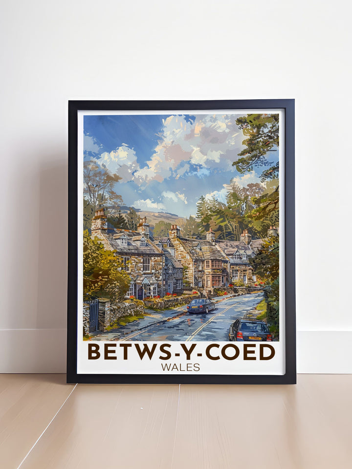 Betws y Coed artwork depicting the lush forests and sparkling rivers of this beloved Welsh village a stunning addition to your collection of Wales wall decor perfect for creating a serene and inspiring atmosphere.