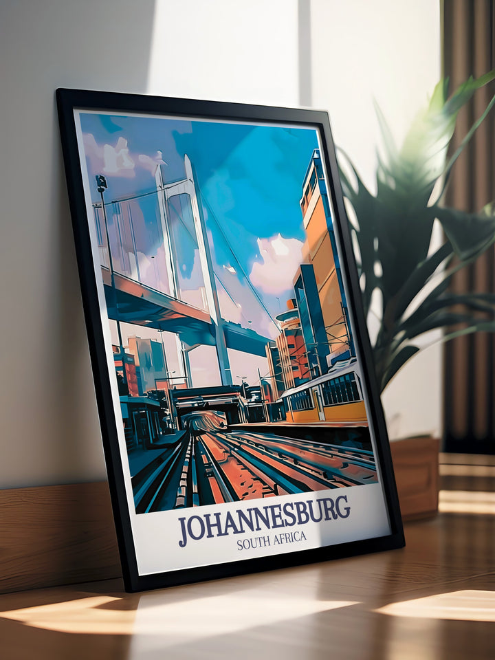 A sleek digital print of Johannesburgs skyline, highlighting the iconic Nelson Mandela Bridge and Johannesburg Park Station. This poster is a must have for urban art enthusiasts who appreciate contemporary architecture.