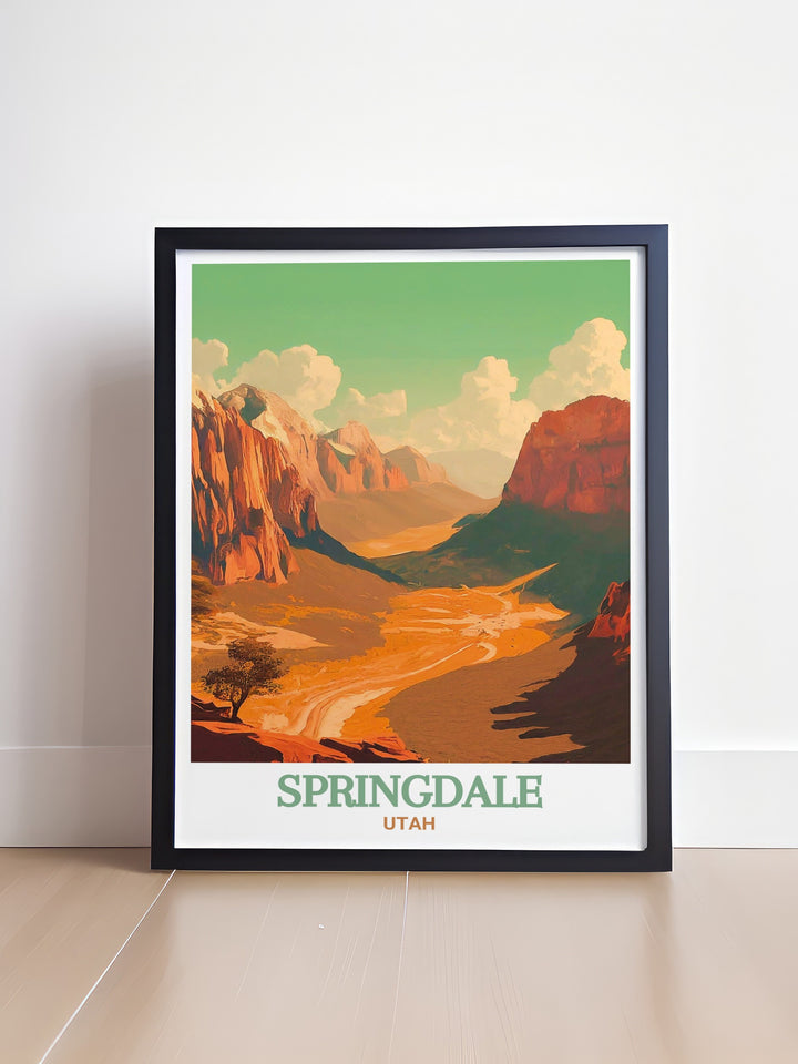 Bring the beauty of Zion National Park and Springdale into your home with this stunning Utah print. The artwork captures the essence of the parks dramatic cliffs and the charm of Springdale, creating a piece that is both visually striking and meaningful. Ideal for those who love the outdoors and the American Southwest.